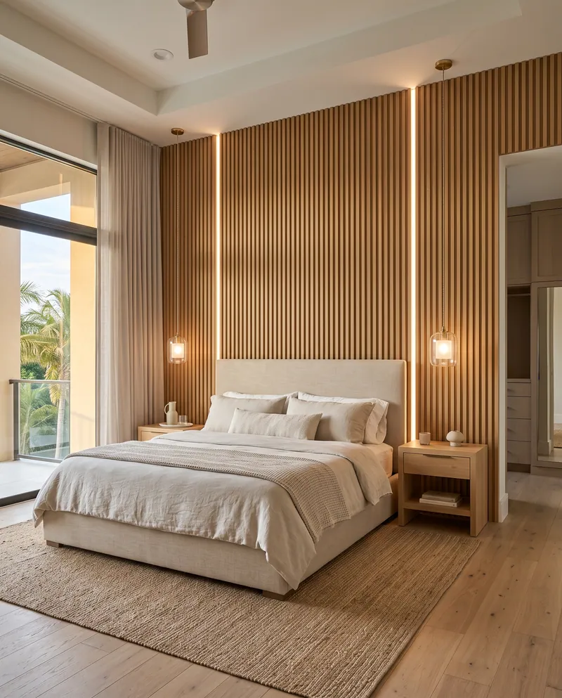 Illustration of a bedroom with a fluted wood-tone accent wall and lines of light behind the bed
