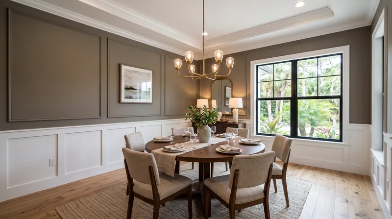 Illustration of a dining room with picture-frame molding and wainscoting on a deep taupe wall