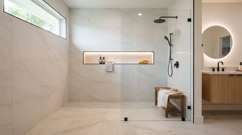 Illustration of a modern curbless shower with large-format tile