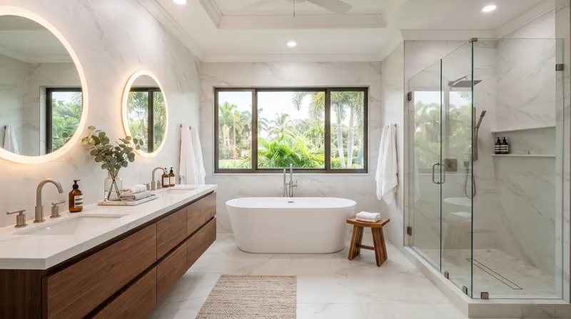 Illustration of a spa-style primary bathroom