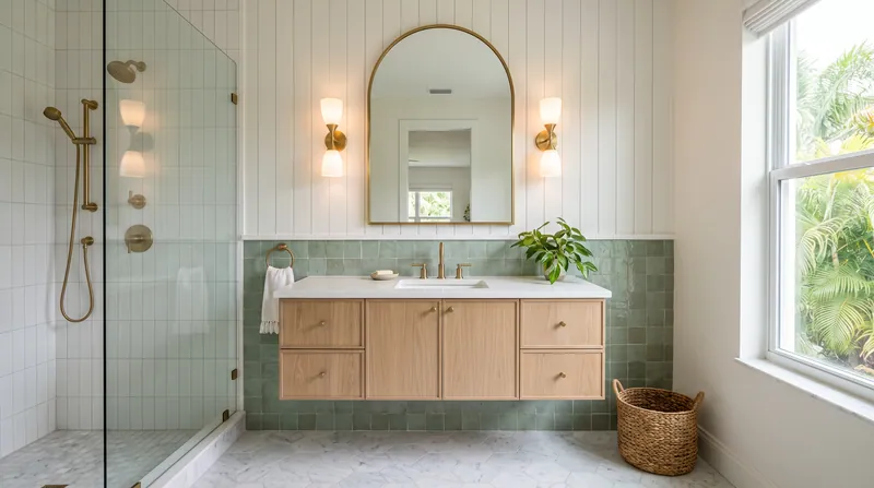 Illustration of a guest bathroom with a light wood vanity and an arched mirror