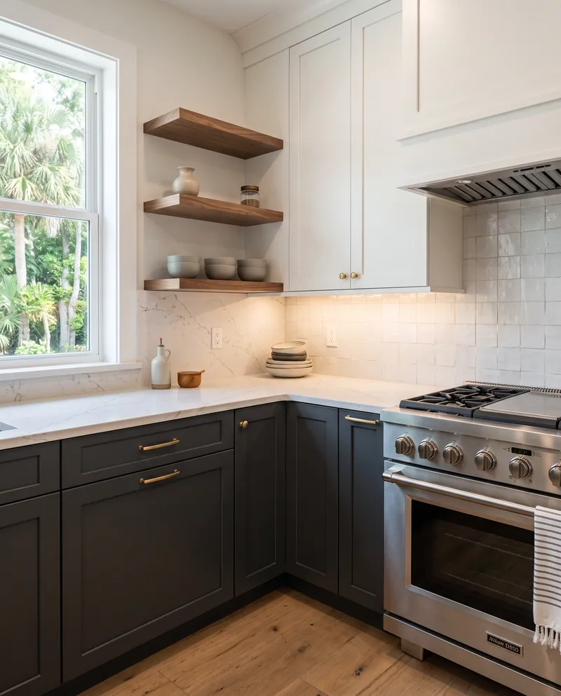 Illustration of a two-tone kitchen with dark lower cabinets and open wood shelves