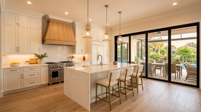 Illustration of a remodeled kitchen with a white island and pendants