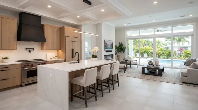 Illustration of a kitchen with light wood cabinets, a white island and a dark hood