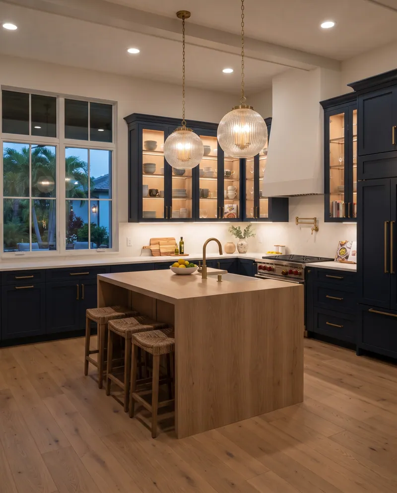 Illustration of a kitchen with a wood-tone island, pendants and dark cabinetry with lit glass doors