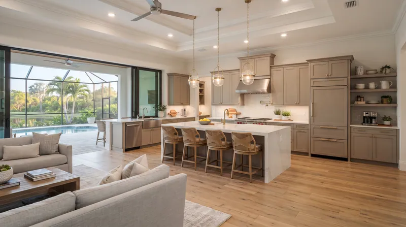 Illustration of a remodeled kitchen open to a living room and a pool lanai