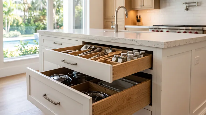 Illustration of deep kitchen drawers with dividers in a white island