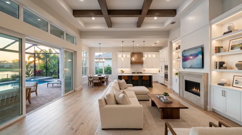 Illustration of an open living room and kitchen with a fireplace wall, lit shelves and wood ceiling beams