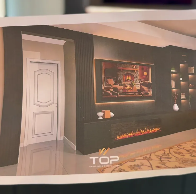The printed color drawing held up in the finished room